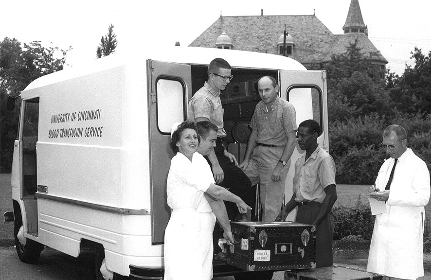 Historical Image of Hoxworth Blood Mobile Bus at the University of Cincinnati.