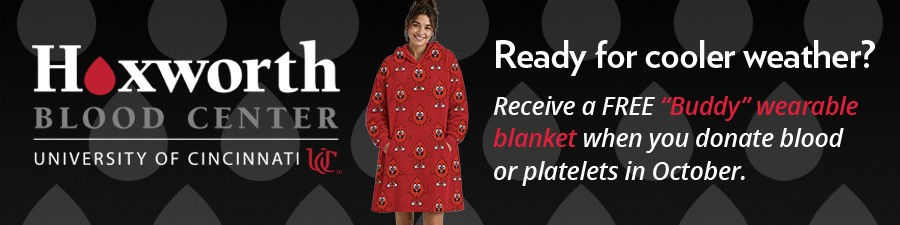 Donate blood this October to receive the Hoxworth wearable blanket.