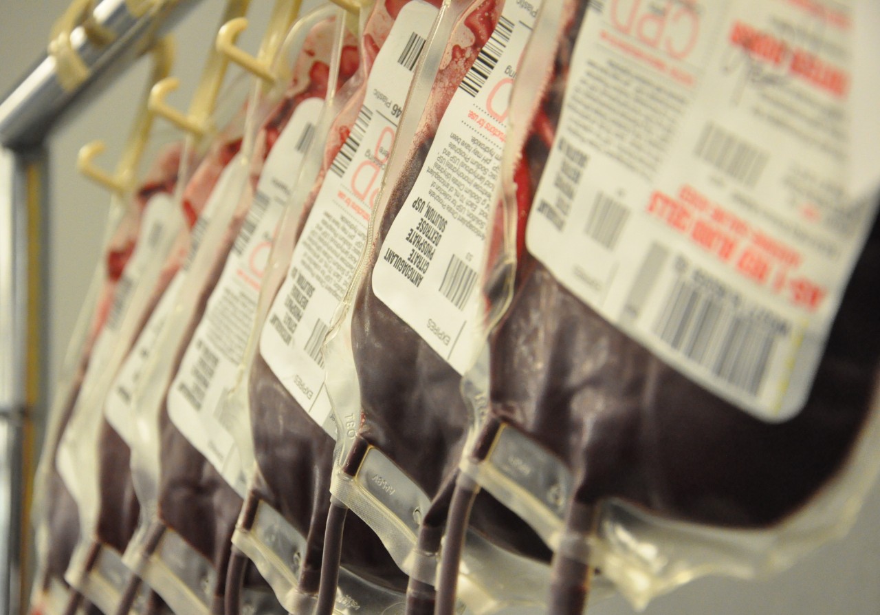 Close up photo of blood bags hanging on racks
