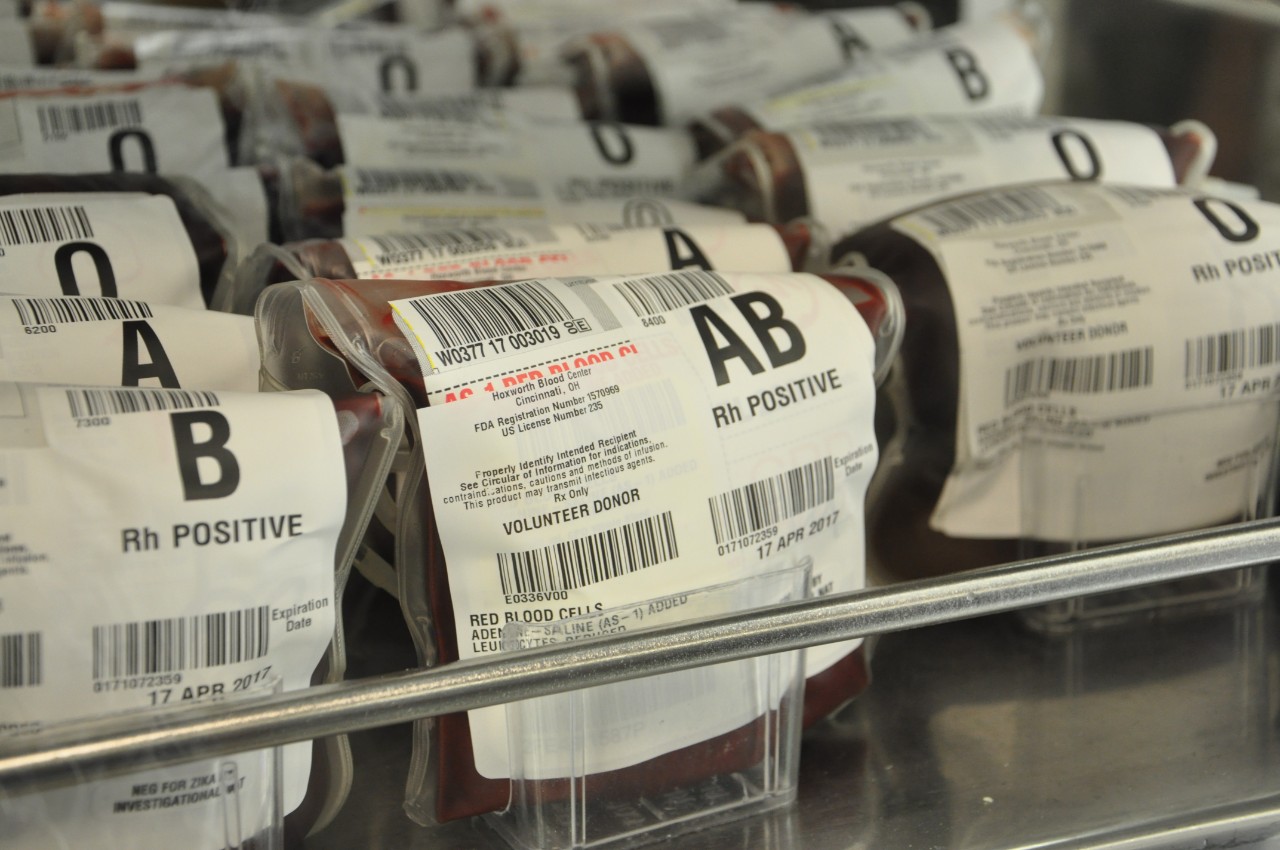 AB, O, B, and A type blood bags.