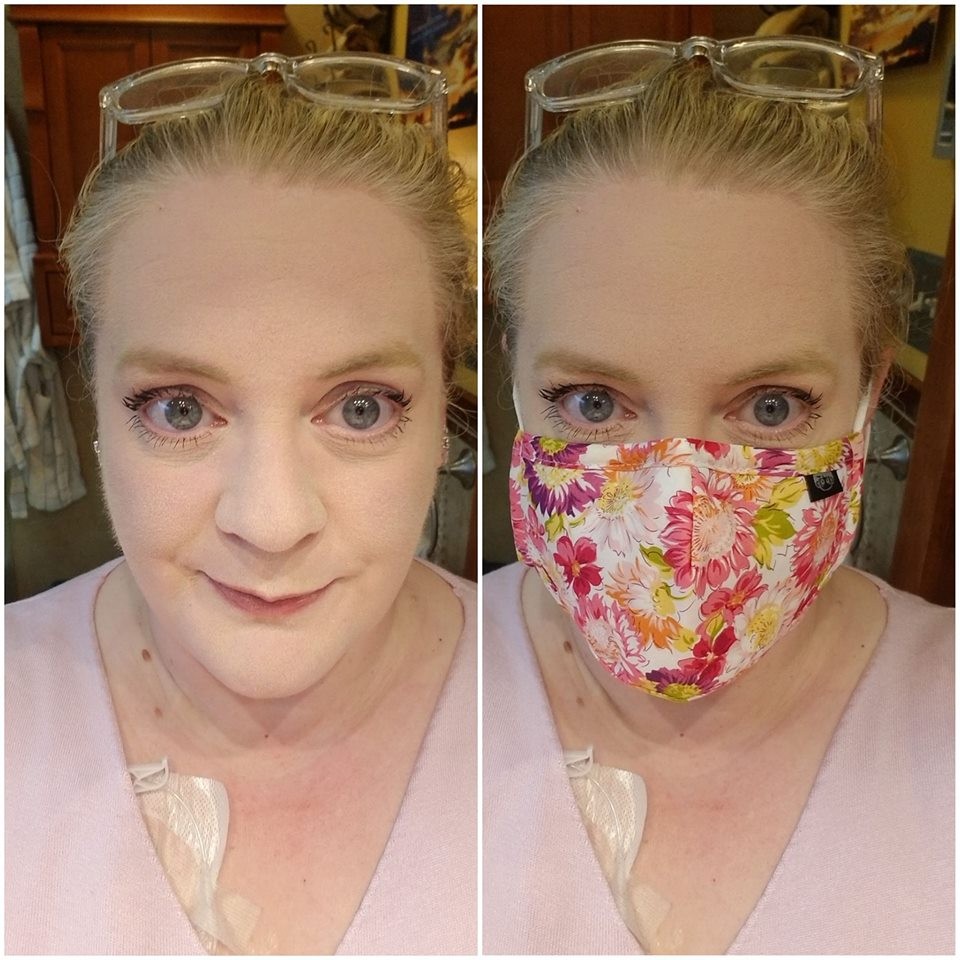 Selfies of Tina Snider with a protective face mask